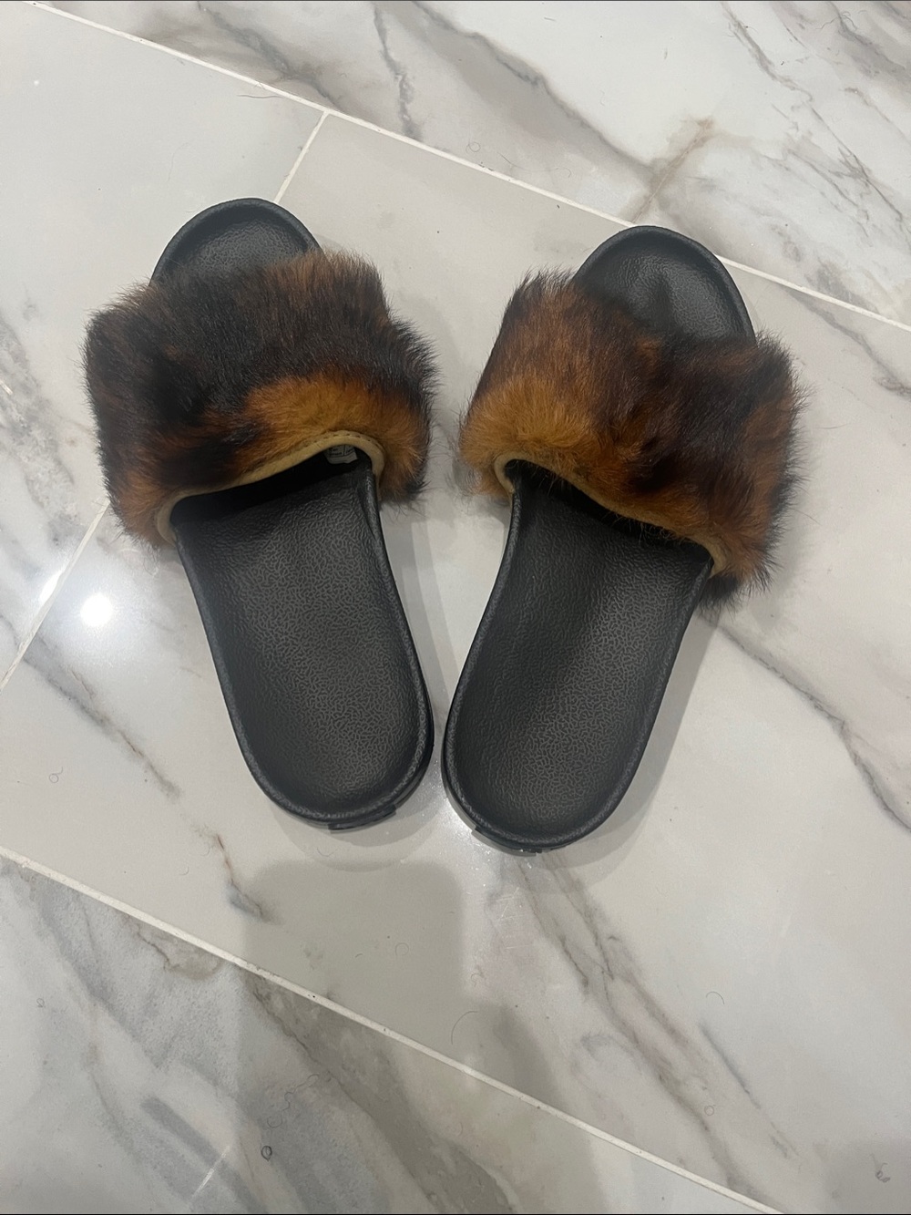 UGG Black Slide Slippers with Brown Faux Fur Band